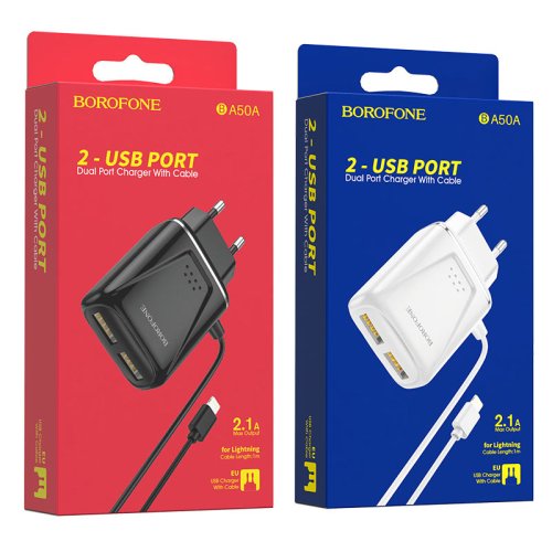   BOROFONE BA50A, 2xUSB-A, 2.1A, + (AM-8pin), 1, 