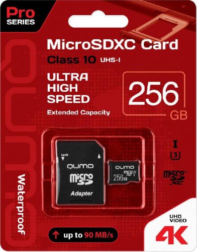 Карта памяти Micro SDXC 256Gb QUMO UHS-I U3, Pro seria 3.0 с адаптером SD (QM256GMICSDXC10U3)