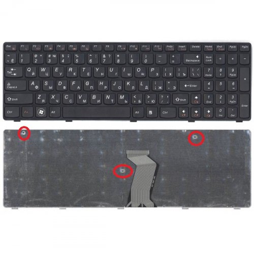 Клавиатура для ноутбука Lenovo G580, G585, Z580, Z580A, Z585, Z780, V580 B590 крепление болтов под шлейфом (rus, чёрн.)