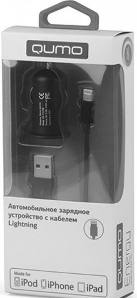 Адаптер питания 12/24 В - 1 USB2.0 Qumo Energy 220.36 Black (5 В,2.4А). В комплекте кабель USB - Lightning 1метр.