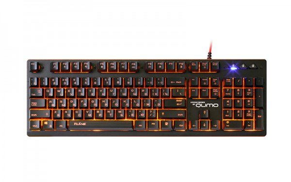 Клавиатура Qumo Flame K22, псевдомеханика, проводная, 104 клавиши, подсветка 1 цвет оранж. плетеный кабель, golden USB