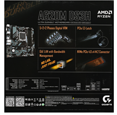 ����������� ����� GIGABYTE A620M DS3H AM5, AMD A620, 4xDDR5-5200 ���, 1xPCI-Ex16, 1xM.2, Micro-ATX
