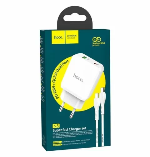 ������� �� HOCO N5, PD20W+QC3.0, 1xUSB-A, 1xType-C, 3A, +������ (Type-C - 8 pin), 1�, �����