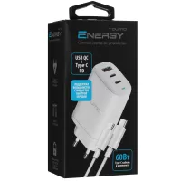 ������� �� Qumo Energy PD 65 ��, 2 USB-A QC3.0 + 2 USB Type-C PD, (0118) ����� + ������ Type-C �� Ty