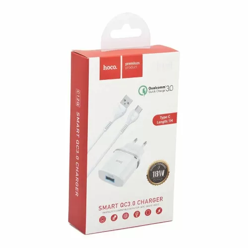 ������� �� HOCO C12Q Smart 1xUSB, 3�, 18W, QC3.0, LED + USB ������ Type-C, 1� (�����)