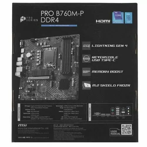   MSI INTEL PRO B760M-P DDR4 LGA 1700, Intel B760, 4xDDR4(128Gb), 1xPCI-Ex16, 4 sata, 1xUSB 3.2, 1xUSB-C, 2xM.2, mATX