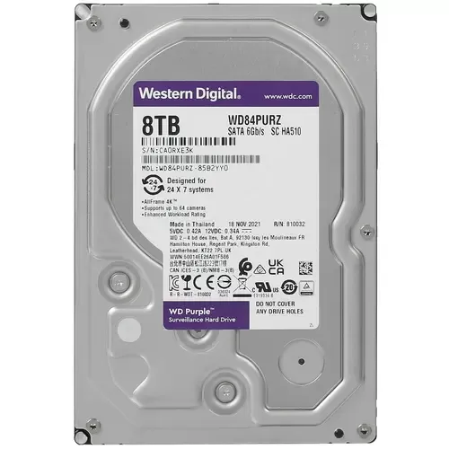Жесткий диск 8TB WD WD84PURZ Purple (5640pm, 128 MB, SATA600, оптимизирован для систем видеонаблюдения в режиме 24x7,Технология записи <br>CMR)