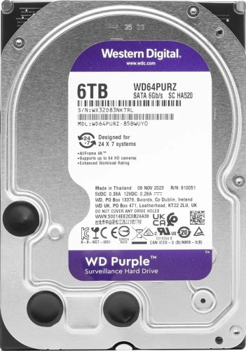 ������� ���� 6TB WD Purple Surveillance [WD64PURZ] [SATA III, 6 ����/�, 5400 ��/���, ��� ������ - 256 ��, RAID Edition]