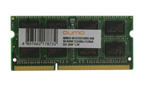 Память SO-DIMM DDR3 8Gb QUMO 1333MHz PC-10660 512Mx8 CL9 Retail (QUM3S-8G1333C9) 16 Chips