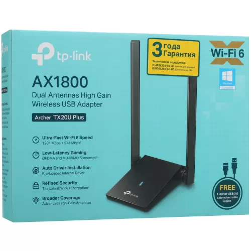 ������� Wi-Fi ������� TP-LINK Archer TX20U Plus [USB, 4 (802.11n), 5 (802.11ac), 6 (802.11ax), 1775 ����/�, 5 ���, 2.4 ���, ������� - �������, ���������� - 19 dBm]