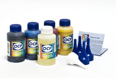 Комплект чернил OCP (BK 90, C/M/Y 93, ML/CL 94, RSL 100) для картриджей HP Viv с промывочной жидкостью OCP RSL 100 в комплекте, 100 gr x 7