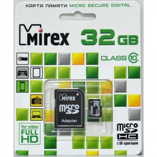 Карта памяти Micro SD 32Gb MIREX class 10 с адаптером SD