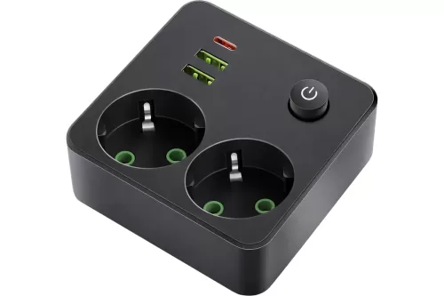 Сетевой фильтр QUMO Power Block Light 4SPBARU (P-0008), 2 розетки, 2500 Вт, 10А, 2 USB-A и 1 Type-