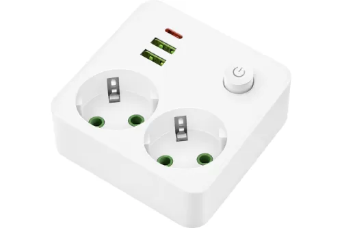 Сетевой фильтр QUMO Power Block Light 4SPBARU (P-0008), 2 розетки, 2500 Вт, 10А, 2 USB-A и 1 Type-