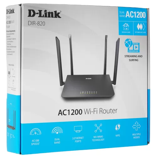 Беспроводной маршрутизатор D-Link DIR-820/RU/A1A AC1200 Wi-Fi Router, 4x5dBi external antennas, 3-х Беспроводной маршрутизатор D-Link DIR-820/RU/A1A AC1200 Wi-Fi Router, 4x5dBi external antennas, 3-х