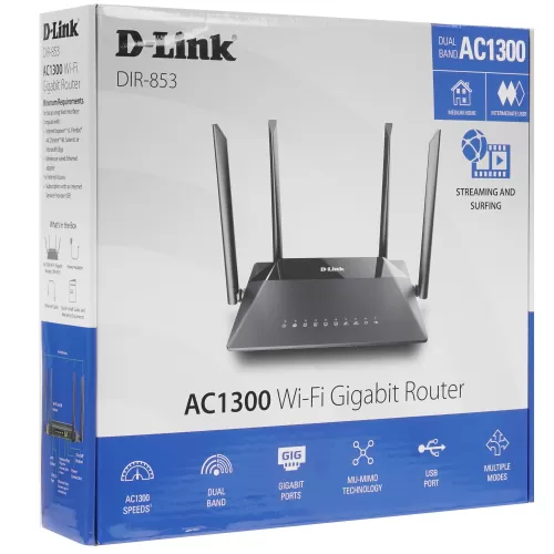 Беспроводной маршрутизатор D-Link DIR-853/RU/R3A AC1300 Wi-Fi Router, 4x5dBi external antennas, 4-х Беспроводной маршрутизатор D-Link DIR-853/RU/R3A AC1300 Wi-Fi Router, 4x5dBi external antennas, 4-х
